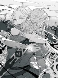  1boy 1girl absurdres bracelet champion's_tunic_(zelda) commentary_request greyscale guardian_(zelda) highres hug jewelry link long_hair monochrome pointy_ears princess_zelda scabbard sheath ten_1397xx the_legend_of_zelda the_legend_of_zelda:_breath_of_the_wild triforce upper_body 