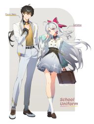  1boy 1girl ahoge bag black_hair bow carlotta_(wuthering_waves) commentary_request dl_(dl_6ix) green_eyes grey_background grey_skirt hair_bow highres holding holding_bag long_hair male_rover_(wuthering_waves) necktie rover_(wuthering_waves) school_bag school_uniform simple_background skirt socks white_hair white_socks wuthering_waves yellow_eyes 