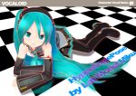  akahige aqua_eyes aqua_hair checkered_floor detached_sleeves hatsune_miku headphones headset long_hair looking_at_viewer lying necktie on_stomach skirt thigh_boots vocaloid 