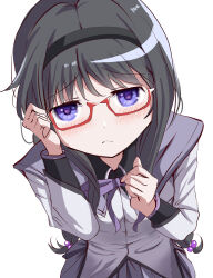  1girl absurdres akemi_homura akemi_homura_(magical_girl) black_hair black_hairband blush bow bowtie closed_mouth commentary_request glasses hair_bobbles hair_ornament hairband highres long_hair long_sleeves looking_at_viewer magical_girl mahou_shoujo_madoka_magica mahou_shoujo_madoka_magica_(anime) polonht purple_bow purple_bowtie red-framed_eyewear shirt solo upper_body violet_eyes white_shirt 