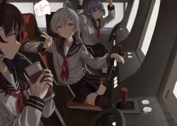  3girls ahoge arcade arms_up bell black_skirt blue_bow blue_eyes bow clenched_hands clenched_teeth cup drinking drinking_straw grey_hair hair_bell hair_between_eyes hair_bow hair_bun hair_ornament highres holding holding_cup indoors light_smile long_sleeves looking_at_viewer multiple_girls naruto_maki_(naruto05) neckerchief original over-kneehighs pleated_skirt red_neckerchief school_uniform serafuku shirt single_side_bun skirt smug speech_bubble teeth thigh-highs v white_shirt zettai_ryouiki 