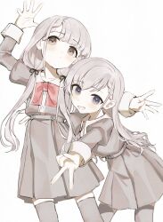  2girls absurdres blue_eyes bow bowtie braid buttons collar commentary_request cropped_legs earrings grey_hair grey_thighhighs hair_behind_ear hand_on_another's_back hand_up highres hisakawa_hayate hisakawa_nagi idolmaster idolmaster_cinderella_girls jewelry juliet_sleeves long_hair long_sleeves looking_at_viewer low_twintails multiple_girls puffy_sleeves red_bow red_bowtie red_eyes school_uniform siblings single_earring thigh-highs tsuchi_(sh_spica1) twins twintails v white_background white_collar 