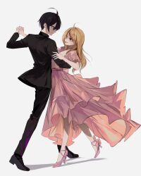  1boy 1girl absurdres ahoge akamatsu_kaede black_hair blonde_hair blood colored_blood commentary_request dancing danganronpa_(series) danganronpa_v3:_killing_harmony dress dress_shirt frilled_straps full_body hair_between_eyes hair_ornament hairclip highres jacket korean_commentary layered_dress llie_137 long_hair looking_at_another oxfords parallel_hairclips pink_blood pink_dress saihara_shuichi shirt short_hair sleeveless sleeveless_dress strappy_heels suit_jacket suit_pants tuxedo violet_eyes waltz_(dance) white_background yellow_eyes 