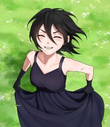  1girl :d ^_^ alternate_costume bare_shoulders black_gloves black_hair bleach blush breasts closed_eyes collarbone cowboy_shot day double-parted_bangs dress facing_viewer floating_hair gloves grass grin gwao_(_ul_13) hair_between_eyes happy highres holding_own_dress kuchiki_rukia medium_breasts medium_hair outdoors pleated_dress pov sleeveless sleeveless_dress smile solo v-shaped_eyebrows 