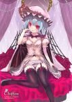  alternate_costume bat_wings black_legwear black_thighhighs blue_hair cape chiffon-cc finger_to_mouth flower frills hat hat_ribbon lace lace-trimmed_thighhighs pink_eyes red_rose remilia_scarlet ribbon rose short_hair sitting solo thigh-highs thighhighs touhou wings 
