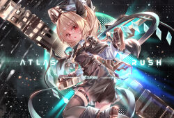  1girl absurdres alternate_costume alternate_headwear artist_name black_boots black_gloves blonde_hair blush boots bow breasts brown_bow brown_hat brown_skirt brown_thighhighs brown_vest collared_shirt commentary_request crystal crystal_wings english_text fang flandre_scarlet gloves hair_between_eyes hair_bow hat highres holding holding_weapon leg_up looking_at_viewer maimai_(game) necktie one_side_up open_mouth red_eyes science_fiction shirt skin_fang skirt small_breasts smile solo thigh-highs thigh_strap top-exerou touhou vest weapon white_shirt wings yellow_necktie 