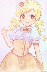  1girl blonde_hair bow bowtie closed_mouth commentary_request cowboy_shot drill_hair flower hair_flower hair_ornament hand_up high-waist_skirt highres long_hair looking_at_viewer mahou_shoujo_madoka_magica mahou_shoujo_madoka_magica_(anime) orange_bow orange_bowtie orange_skirt puffy_short_sleeves puffy_sleeves ruru_(rurumagi) shirt short_sleeves skirt smile solo tomoe_mami twin_drills twitter_username white_shirt yellow_eyes 