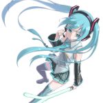  aqua_eyes aqua_hair bad_id bare_shoulders blue_eyes blue_hair detached_sleeves energy_sword from_above hatsune_miku headphones headset long_hair microphone mofu necktie simple_background skirt solo spring_onion sword thigh-highs thighhighs twintails very_long_hair vocaloid weapon zettai_ryouiki 