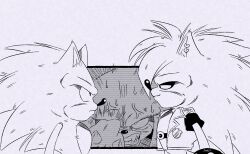  3boys anger_vein animal_ears animal_nose ashofourtime belt black_sleeves closed_mouth collared_jacket commentary dragon_ball dragon_ball_z earrings english_commentary furry furry_male glaring gloves greyscale highres jacket jewelry knuckles_the_echidna male_focus manic_the_hedgehog monochrome motion_lines multiple_boys open_mouth parody smile sonic_(series) sonic_the_hedgehog sonic_underground style_parody sweat sweatdrop teeth toriyama_akira_(style) veins vest 