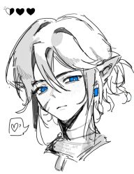  1boy ? arisu_art artist_name blue_eyes colored_skin commentary english_commentary english_text heart light_blush link looking_at_viewer male_focus partially_colored pointy_ears sidelocks sketch solo spoken_heart the_legend_of_zelda the_legend_of_zelda:_tears_of_the_kingdom twitter_username upper_body white_background white_skin 