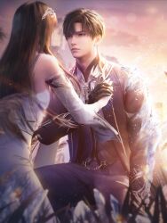  1boy 1girl 3d black_gloves black_hair brown_hair detached_sleeves dress formal_clothes game_asset gloves grass hair_ornament highres holding_hands jacket long_hair looking_at_another love_and_deepspace non-web_source official_art outdoors protagonist_(love_and_deepspace) self-datamine short_hair sky white_dress zayne_(love_and_deepspace) 