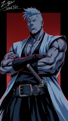  1boy belt black_belt black_border black_gloves black_hakama black_kimono bleach bleach:_sennen_kessen-hen border collarbone commentary_request cowboy_shot crossed_arms dated downturned_eyes fingerless_gloves frown gloves grey_hair hakama haori highres japanese_clothes katana kimono large_pectorals looking_at_viewer male_focus mature_male mohawk muguruma_kensei muscular muscular_male nose official_style outside_border parted_lips pectorals red_background short_hair signature simple_background sleeveless sleeveless_kimono solo sword v-shaped_eyebrows veins veiny_arms weapon white_haori zipy-zip-zip06 