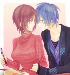  1girl akiyoshi_(tama-pete) bad_id blue_eyes blue_hair breasts brown_eyes brown_hair couple face-to-face face_to_face kaito meiko pen short_hair sweater turtleneck vocaloid 
