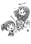  2girls akiyama_mio bear bowl chopsticks heart highres hirasawa_ui k-on! long_hair monochrome multiple_girls onigawara pixiv_manga_sample ponytail rice school_uniform short_hair table 