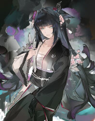  1girl absurdres arknights black_hair black_kimono black_sash blue_eyes blunt_bangs chest_sarashi chinese_commentary commentary_request flower hair_flower hair_intakes hair_ornament hair_wings highres holding holding_sword holding_weapon japanese_clothes kimono long_hair long_sleeves looking_at_viewer mio_(arknights) parted_lips pink_flower sarashi sash short_sword sitting solo sword two-tone_kimono wakizashi weapon xingzhuang_guaimao_get 