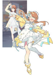  1girl :d ^_^ alternate_hair_length_(longer) blue_ribbon breasts brown_hair closed_eyes clover_hair_ornament colorful_festival_(project_sekai) commentary dress facing_viewer flower flower_champagne_(ladies)_(project_sekai) full_body game_screenshot_inset hair_ornament hanasato_minori happy highres jacket long_hair long_sleeves low_twintails off_shoulder official_alternate_costume official_alternate_hairstyle open_clothes open_jacket open_mouth outline outstretched_arms project_sekai puffy_long_sleeves puffy_sleeves reference_inset ribbon screenshot_inset shoes sidelocks simple_background single_bare_leg single_thighhigh small_breasts smile solo swept_bangs teeth thigh-highs twintails untranslatable_commentary upper_teeth_only white_background white_dress white_outline white_thighhighs xiao_sui_shi_zhi_lang yellow_jacket yellow_shoes 
