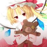 blonde_hair bust button_eyes doll doll_hug flandre_scarlet hat nashi_rin red_eyes rough side_ponytail solo stuffed_animal stuffed_toy teddy_bear touhou wings 