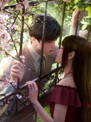  1boy 1girl 3d bare_shoulders black_hair black_necktie blurry brown_hair brown_vest cherry_blossoms closed_eyes collared_shirt couple day dress facing_another flower game_asset hetero highres imminent_kiss long_hair long_sleeves love_and_deepspace necktie non-web_source off-shoulder_dress off_shoulder official_art outdoors parted_lips profile protagonist_(love_and_deepspace) red_dress self-datamine shirt short_hair tree upper_body vest white_shirt zayne_(love_and_deepspace) 