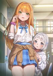 2girls blonde_hair blue_eyes blush bottle breasts clothes_around_waist commentary_request gakuen_idolmaster green_eyes hair_intakes idolmaster jacket katsuragi_lilja mole mole_under_eye multiple_girls school_uniform shiun_sumika size_difference skirt small_breasts sweater sweater_around_waist wari_sando water_bottle white_hair 