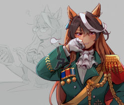  1girl ? aiguillette animal_ears aqua_jacket ascot blush cape commentary earrings epaulettes glasses gloves grey_background hand_on_own_hip hand_to_own_mouth hand_up highres horse_ears horse_girl horseshoe_ornament jacket jewelry laughing long_hair looking_at_phone looking_at_viewer looking_over_eyewear medal meme multicolored_hair multiple_views narrowed_eyes parted_lips phone pink_eyes pleated_skirt puff_of_air red_cape sailor_collar sappy_sprout sash school_uniform serafuku simple_background single_earring single_epaulette single_hair_streak sitting skirt smile solo squinting streaked_hair summer_uniform symboli_rudolf_(emperor's_path)_(umamusume) symboli_rudolf_(umamusume) tracen_school_uniform umamusume upper_body white_ascot white_gloves white_streaks winnie_the_pooh_reading_(meme) yellow_sash 