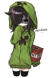  1girl artist_name black_hair black_thighhighs creeper creeper_hood cropped_legs explosive green_eyes hair_over_one_eye hood jitome kuroki_tomoko minecraft sleeves_past_fingers sleeves_past_wrists smile solo thigh-highs tnt tnt_block_(minecraft) watashi_ga_motenai_no_wa_dou_kangaetemo_omaera_ga_warui! white_background xi7197269767042 