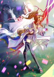  2girls abs animal_ears armband audience blunt_bangs blunt_ends boots bowing brown_hair closed_eyes commentary confetti crossed_legs crowd ear_covers ear_ornament garter_straps gloves gold_ship_(red_strife)_(umamusume) gold_ship_(umamusume) highres holding horse_ears horse_girl horse_racing_track horse_tail long_sleeves meisho_tabaru_(racehorse) midriff multicolored_hair multiple_girls neck_ribbon original pillbox_hat ponytail qianyouxuexi railing red_armband ribbon rubik's_cube shorts single_ear_cover smile streaked_hair tail thigh_boots umamusume untranslatable_commentary waving white_gloves white_hair white_streaks 