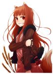  1girl absurdres ayakura_juu brown_eyes brown_hair dress fur_trim grin highres holo horn_ears jacket light long_hair looking_at_viewer pouch scan smile solo spice_and_wolf tail wheat wolf_ears wolf_tail wristband 