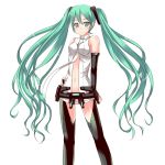  bare_shoulders belt detached_sleeves flo green_eyes green_hair hand_on_hip hatsune_miku hatsune_miku_(append) hips long_hair miku_append navel simple_background smile solo standing twintails vocaloid vocaloid_append 