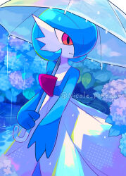  1other alternate_color closed_mouth commentary_request flower gardevoir highres holding holding_umbrella hydrangea looking_back nikoru orange_eyes outdoors partial_commentary pokemon pokemon_(creature) pokemon_focus rain ripples shiny_pokemon smile solo umbrella water 