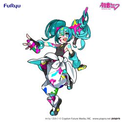  1girl aqua_eyes aqua_hair belt belt_buckle black_gloves buckle character_name clothes_around_waist concept_art copyright_logo copyright_name copyright_notice fingerless_gloves gloves hatsune_miku highres holding holding_spray_can jacket jacket_around_waist kurumitsu light_smile logo one_eye_closed paint paint_can paint_on_clothes paint_on_fingers paintbrush_hair_ornament panties pants pink_belt second-party_source shoes simple_background sneakers solo sparkle_hair_ornament sparkling_eyes spray_can underwear vocaloid white_background white_panties white_pants 