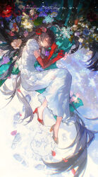  1girl absurdly_long_hair absurdres black_hair closed_eyes colyba dress elbow_gloves flower full_body gloves hair_flower hair_ornament high_heels highres long_hair lying on_side original red_flower red_gloves short_sleeves solo very_long_hair white_dress white_flower 