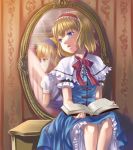  alice_margatroid alice_margatroid_(pc-98) back-to-back blonde_hair blue_eyes book bow capelet dress dual_persona hair_bow hair_ornament hairband kyuu_umi mirror multiple_girls short_hair sitting touhou touhou_(pc-98) 