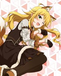  1girl :d ;d animal_ears black_gloves blonde_hair brown_dress brown_pantyhose card_commentary commentary_request dress fox_ears fox_tail game_asset gloves green_eyes hoshii_miki idolmaster idolmaster_(classic) idolmaster_million_live! idolmaster_million_live!_theater_days konkon_comfort_(idolmaster) long_hair looking_at_viewer lying official_alternate_costume official_art on_side one_eye_closed open_mouth pantyhose paw_pose smile solo tail third-party_source 