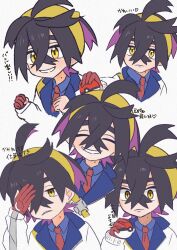  1boy black_hair blue_shirt closed_mouth collared_shirt colored_inner_hair commentary_request crossed_bangs gloves grin hair_between_eyes highres holding holding_poke_ball jacket kieran_(pokemon) male_focus mole mole_on_neck multicolored_hair multiple_views necktie poke_ball poke_ball_(basic) pokemon pokemon_scarlet_and_violet red_gloves red_necktie shirt single_glove smile teeth translation_request white_background white_jacket yellow_eyes zerozerokiss 