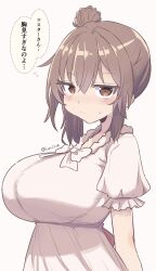 1girl absurdres blush bow breasts brown_eyes brown_hair cevio closed_mouth commentary_request dress hair_between_eyes hair_bun highres huge_breasts kumasun large_breasts looking_at_viewer puffy_short_sleeves puffy_sleeves satou_sasara short_sleeves simple_background single_hair_bun solo speech_bubble sweatdrop thought_bubble twitter_username upper_body white_background white_dress 
