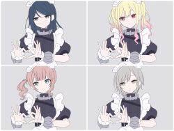  4girls apron belt black_belt black_dress black_hair blonde_hair blue_eyes blunt_bangs breasts brown_hair closed_mouth column_lineup commentary_request dot_nose dress enmaided expressionless four-finger_heart_hands frilled_apron frilled_wrist_cuffs frills gradient_hair green_eyes grey_background grey_eyes grey_hair grid_lineup heart heart_hands high-waist_belt highres hinomori_shiho hoshino_ichika_(project_sekai) large_breasts leo/need_(project_sekai) long_hair long_sidelocks maid maid_apron maid_headdress metal_wrist_cuffs mochizuki_honami moechakkafire multicolored_hair multiple_girls nabi_(mabinabi0625) pink_hair project_sekai puffy_short_sleeves puffy_sleeves red_eyes short_hair short_sleeves sidelocks sideways_glance simple_background small_breasts swept_bangs tenma_saki twintails two-tone_hair upper_body waist_apron white_apron wrist_cuffs 