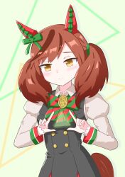  1girl absurdres animal_ears black_dress blush bow bowtie brown_eyes brown_hair closed_mouth commentary_request diagonal-striped_bow dress ear_bow ear_covers ear_ribbon green_bow green_bowtie highres horse_ears horse_girl horse_tail juliet_sleeves long_sleeves looking_at_viewer medium_hair multicolored_hair nice_nature_(poinsettia_ribbon)_(umamusume) nice_nature_(umamusume) pinafore_dress puffy_sleeves shirt sleeveless sleeveless_dress smile solo streaked_hair striped_bow striped_bowtie striped_clothes tail triangle twintails umamusume yozakuraplanet-nanaari 