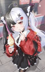  1girl absurdres ahoge aqua_nails black_choker black_hair black_pantyhose black_skirt choker closed_mouth collared_shirt commentary_request frilled_skirt frills gimi_00 hair_ornament heart heart_hair_ornament highres holding holding_ice_cream_cone ice_cream_cone jacket lacrimosa_(nte) long_hair looking_at_viewer multicolored_hair multicolored_nails nail_polish neverness_to_everness pantyhose pink_nails pink_streaks red_eyes red_jacket shirt skirt smile solo split-color_hair streaked_hair tongue tongue_out twintails two-tone_hair white_hair white_shirt x_hair_ornament 