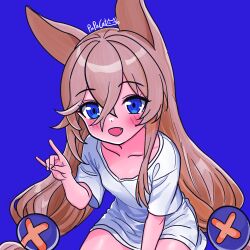  1girl animal_ears blonde_hair blue_eyes blush faelynn_(girls'_frontline_2) g41_(girls'_frontline) girls_frontline hair_between_eyes hair_ornament long_hair low-tied_long_hair open_mouth papacat shirt smile solo sphere_hair_ornament twintails very_long_hair white_shirt 