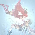  blue_hair bubble cape closed_eyes female gloves kasumi_(pluvieux_tigre) long_hair mahou_shoujo_madoka_magica miki_sayaka misu_kasumi multiple_girls outstretched_arms ponytail red_eyes red_hair sakura_kyouko skirt thighhighs torn_clothes torn_thighhighs underwater water yuri 