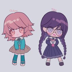  1boy 1girl blush braid brown_eyes brown_hair brown_skirt character_name chibi commentary_request crossdressing crossdressing_(mtf) danganronpa:_trigger_happy_havoc danganronpa_(series) fujisaki_chihiro fukawa_toko glasses green_jacket grey_background highres jacket mole mole_under_mouth narumame neck_ribbon neckerchief nervous purple_hair purple_serafuku red_neckerchief ribbon round_eyewear sailor_collar school_uniform serafuku simple_background skirt smile trap twin_braids violet_eyes white_sailor_collar 