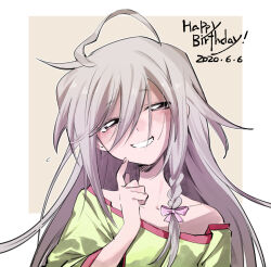  1girl ahoge blush braid collarbone commentary_request dated green_shirt grin hair_between_eyes hair_ribbon happy_birthday hoshi_syoko idolmaster idolmaster_cinderella_girls index_finger_raised long_hair looking_at_viewer off_shoulder pink_ribbon remo_(momomo618) ribbon shirt side_braid simple_background smile solo upper_body 