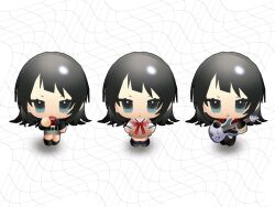  1girl ball_hands bang_dream! bang_dream!_it's_mygo!!!!! bass_guitar belt black_belt black_hair black_jacket black_shoes blue_eyes bow bowtie brown_serafuku commentary_request crop_top elllaaa0407 frown grey_skirt hanasakigawa_school_uniform hand_to_own_mouth highres holding holding_bass_guitar holding_instrument instrument jacket low_poly medium_hair open_mouth patterned_background pencil_skirt red_bow red_bowtie red_shirt school_uniform serafuku shirt shoes skirt smile timoris_(bang_dream!) variations white_background yahata_umiri 