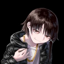  1girl asymmetrical_hair black_background black_jacket brown_eyes brown_hair colored_sclera commentary diu9you drugs english_commentary gold_necklace hair_ornament head_tilt highres iwakura_lain jacket jewelry joint_(drug) looking_at_viewer marijuana necklace red_sclera serial_experiments_lain shirt smile solo textless_version upper_body white_shirt x_hair_ornament 