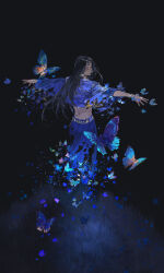  1girl black_background black_hair blue_butterfly blue_shirt blue_skirt bracelet bug butterfly chinese_commentary closed_eyes closed_mouth commentary_request facing_to_the_side forehead_jewel highres ibuki_satsuki jewelry long_hair midriff original outstretched_arms shirt skirt solo too_many too_many_butterflies 