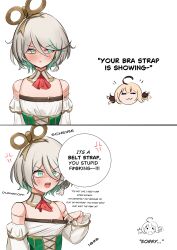  absurdres ahoge anger_vein brown_hair cecilia_immergreen colored_inner_hair commentary doll_joints english_commentary gigi_murin green_eyes green_hair grey_hair highres hololive hololive_english joints looking_at_viewer meme multicolored_hair multiple_girls panpanmc4 short_hair streaked_hair twintails two-tone_hair virtual_youtuber winding_key your_bra_strap_is_showing_(meme) 