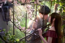  1boy 1girl 3d bare_shoulders black_hair black_necktie blurry blurry_foreground brown_hair brown_vest cherry_blossoms closed_eyes collared_shirt couple dappled_sunlight day depth_of_field dress facing_another flower game_asset hetero highres jewelry lantern long_hair long_sleeves love_and_deepspace necktie non-web_source off-shoulder_dress off_shoulder official_art outdoors parted_lips profile protagonist_(love_and_deepspace) red_dress self-datamine shirt short_hair sunlight tree upper_body vest white_shirt zayne_(love_and_deepspace) 