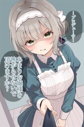  1girl absurdres apron clothes_grab commentary_request daito_(daitooekakiaka) dress fingernails gakuen_idolmaster glaring green_dress grey_hair hairband highres hiwatari_kanae idolmaster indoors juliet_sleeves long_sleeves looking_at_viewer necktie necktie_grab neckwear_grab pov puffy_sleeves shaded_face speech_bubble translation_request v-shaped_eyebrows white_apron white_hairband 