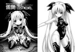  breasts cape chain chains fate_testarossa flower hair_ribbon hotori_(sion) leotard long_hair lyrical_nanoha mahou_shoujo_lyrical_nanoha mahou_shoujo_lyrical_nanoha_strikers monochrome ribbon sitting skirt thigh-highs thighhighs wariza 