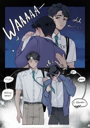  2boys aqua_necktie bag belt black_belt black_hair brown_pants buttons clothes_grab comforting commentary cropped_legs crying english_commentary english_text ganbare!_nakamura-kun!! height_difference highres male_focus matsumura_kousei mirnames multiple_boys nakamura_okuto necktie necktie_grab neckwear_grab pants school_uniform shirt shirt_tucked_in short_hair short_sleeves shoulder_bag sobbing speech_bubble tears white_shirt 